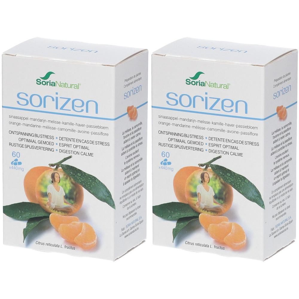 Deux boîtes de Soria Natural Sorizen. Blanches, avec nom du produit et image de mandarines. 60 comprimés.