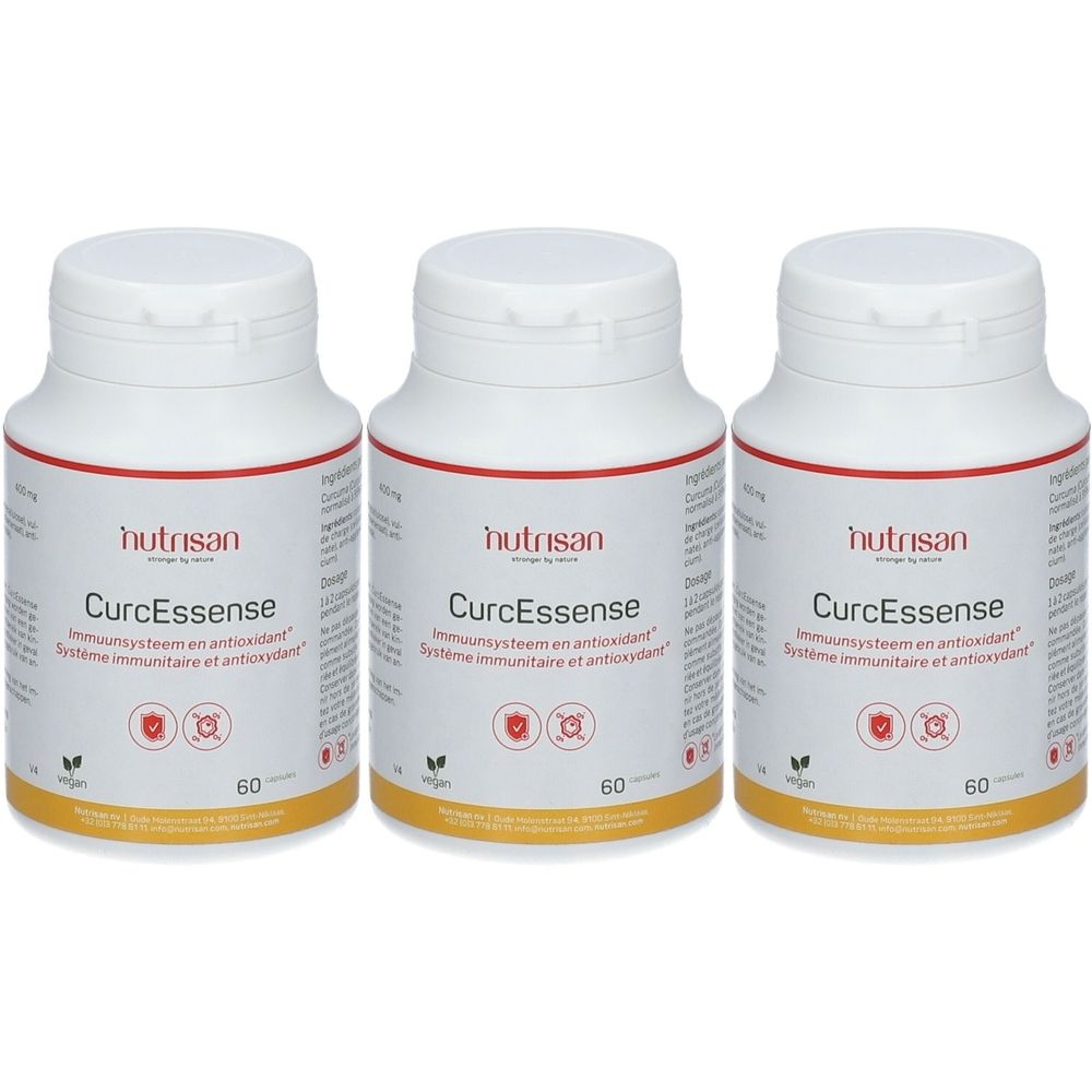 Trois flacons blancs avec texte rouge. Chaque flacon porte "Nutrisan CurcEssence". Logo vegan et indication de 60 capsules.