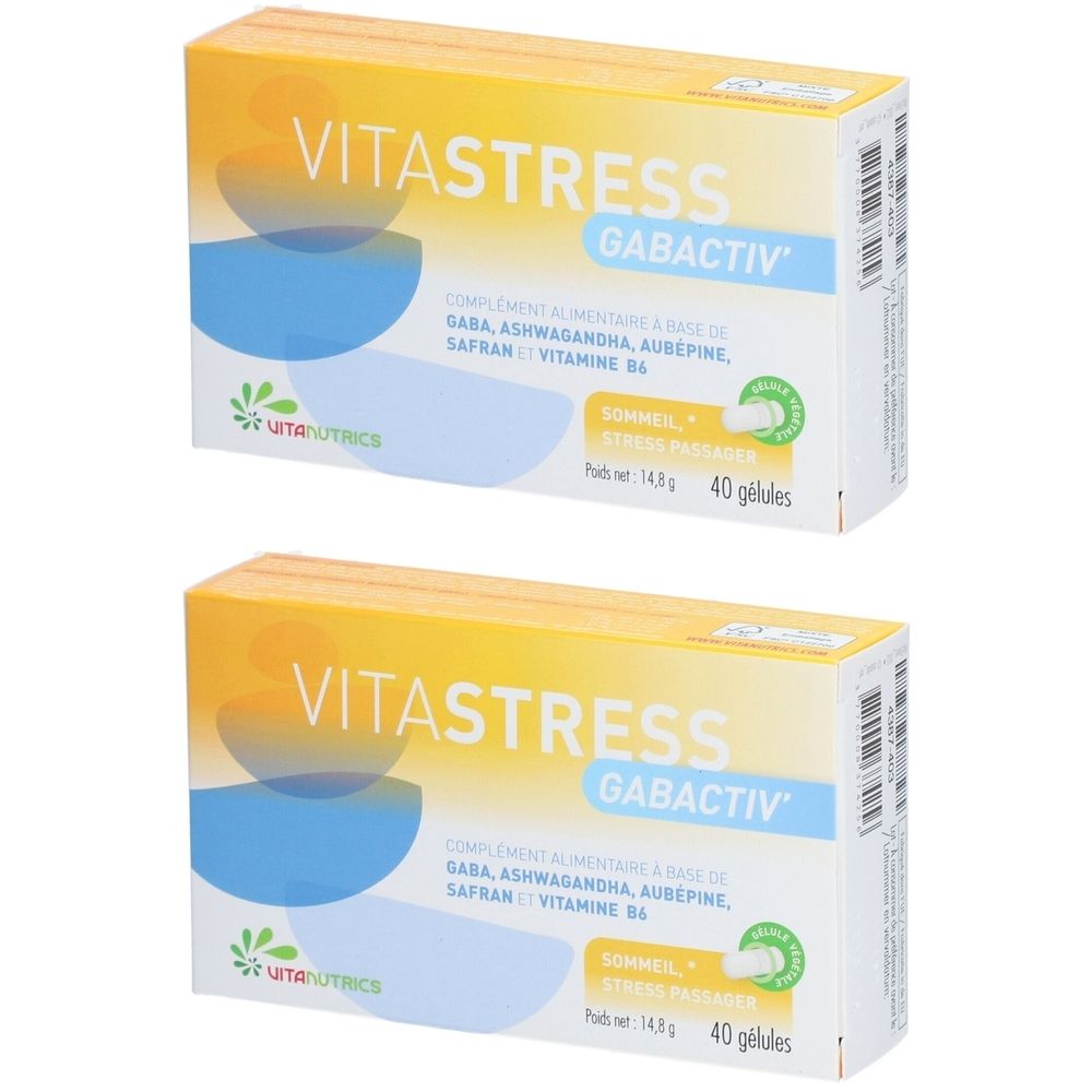 Deux boîtes de Vitastress Gabactiv. Emballage jaune avec nom et ingrédients. Contient 40 gélules.