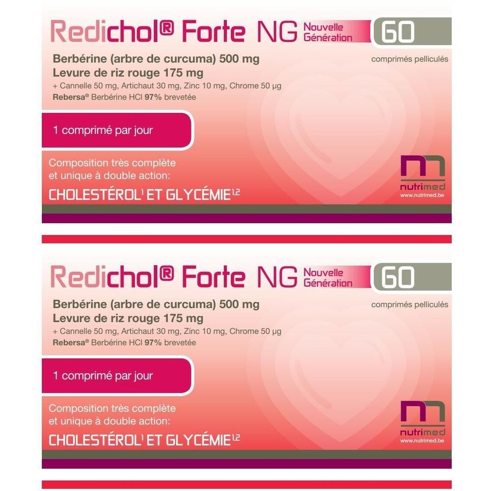 Deux boîtes avec texte rouge et blanc. Inscription: Redichol® Forte NG, 60 comprimés. Texte en français.