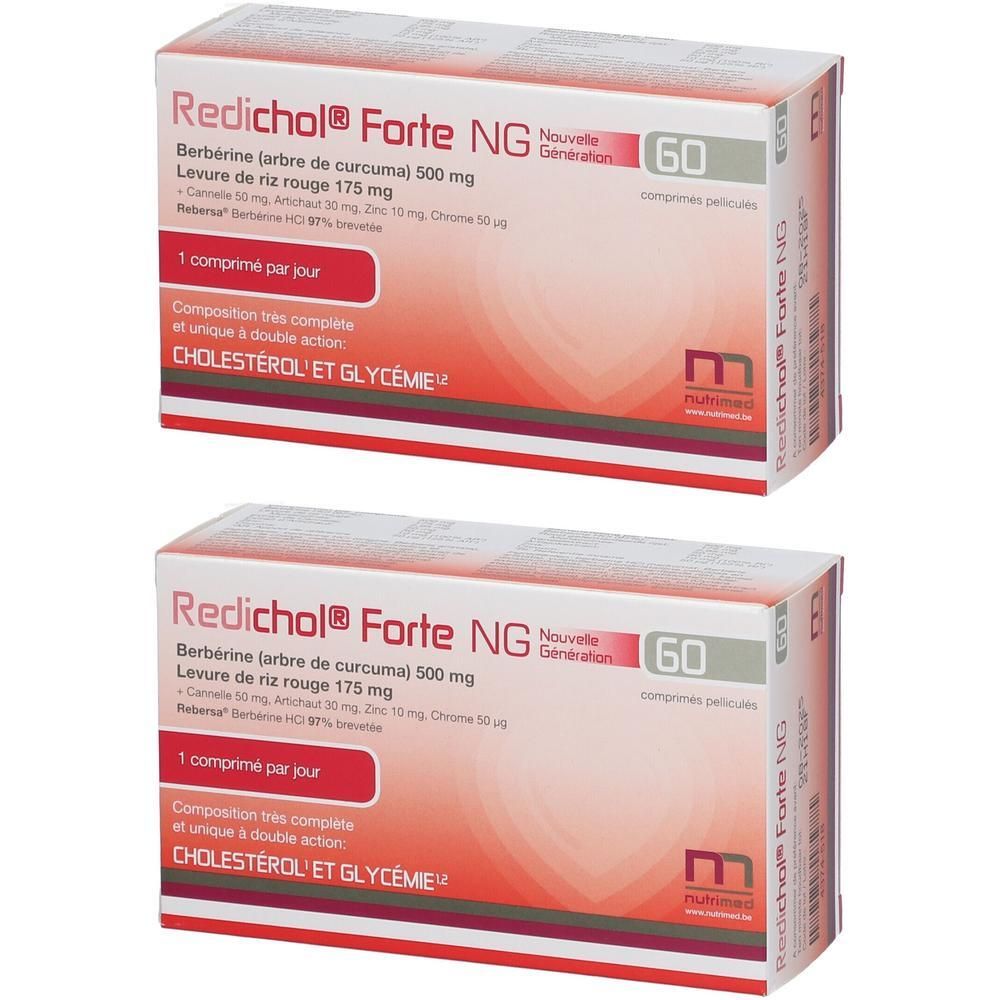 Deux boîtes avec texte rouge et blanc. Inscription: Redichol® Forte NG, 60 comprimés. Texte en français.