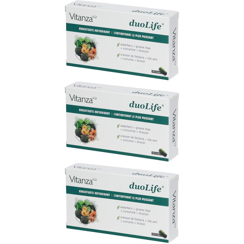 Trois boîtes blanches DuoLife. Inscriptions : Vitanza, DuoLife, antioxydant le plus puissant. Ingrédients en vert.