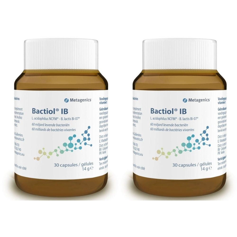 Deux flacons bruns avec des bouchons blancs. Inscription: Bactiol IB, Metagenics. Contient 30 capsules. Avec bactéries vivantes.