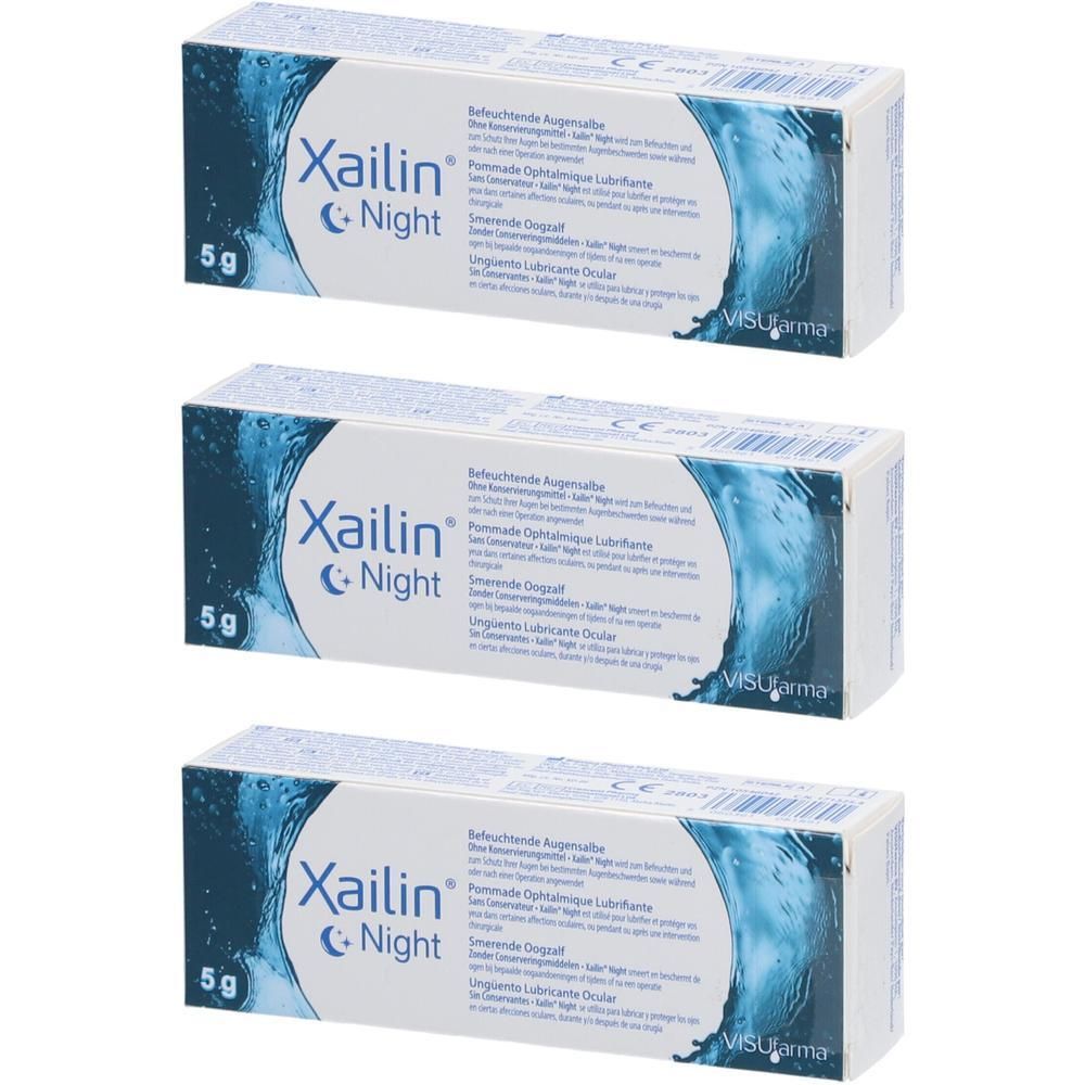 Trois boîtes Xailin Night. Emballage bleu avec texte blanc. Contenance 5g.