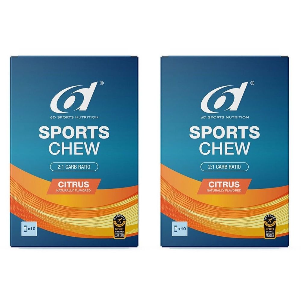 Deux boîtes de "Sports Chew Citrus". Emballage bleu avec des accents orange. Contient le logo "6d".