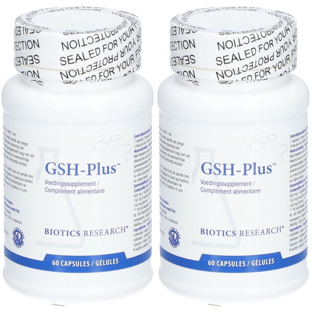 Deux flacons blancs avec GSH-Plus. Logo BIOTICS RESEARCH® et 60 capsules/gélules.