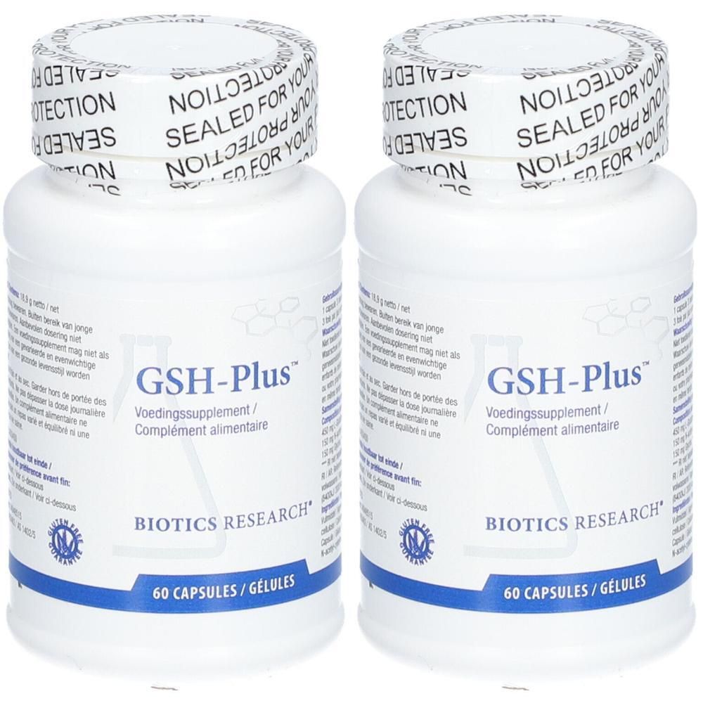 Deux flacons blancs avec GSH-Plus. Logo BIOTICS RESEARCH® et 60 capsules/gélules.
