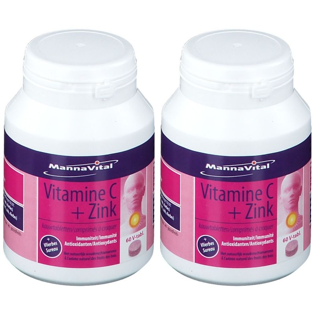 Deux flacons de Mannavital Vitamine C + Zinc. Flacons blancs avec étiquettes violettes. Nom du produit visible, 60 comprimés.