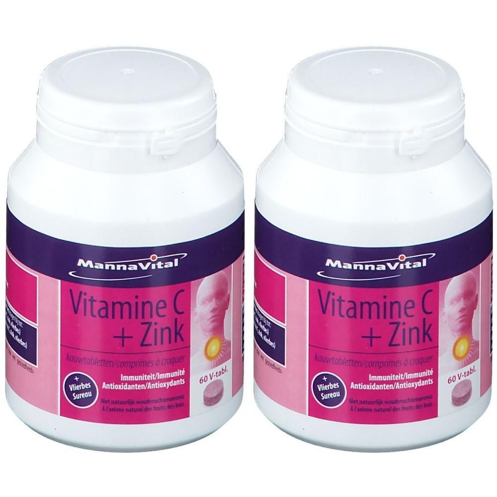 Deux flacons de Mannavital Vitamine C + Zinc. Flacons blancs avec étiquettes violettes. Nom du produit visible, 60 comprimés.