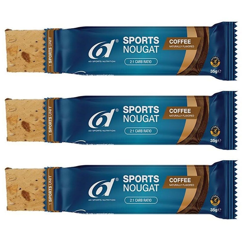 Trois barres "Sports Nougat Coffee". Emballage bleu avec des accents marron. 35g par barre.