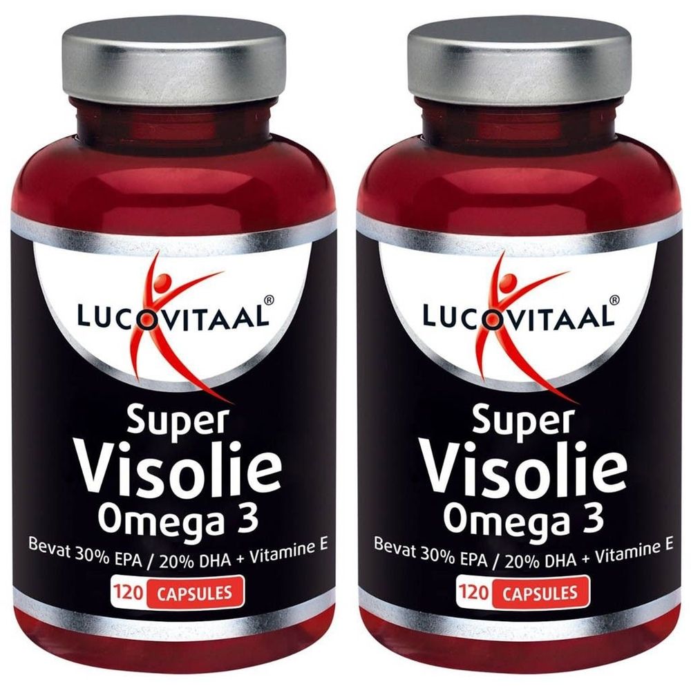 Deux flacons de Lucovitaal® Fischöl Super Omega 3. Étiquettes rouges, couvercles argentés. Inscription : Super Visolie Omega 3, 120 capsules.