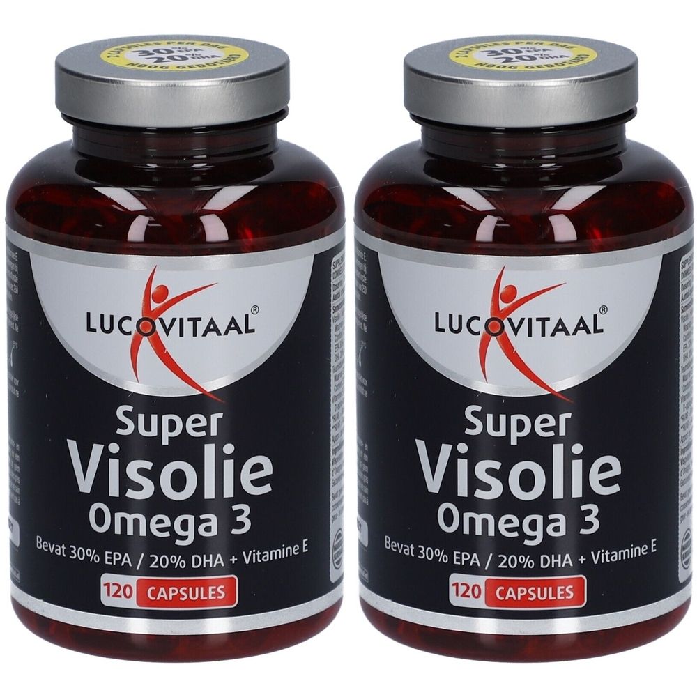 Deux flacons de Lucovitaal® Fischöl Super Omega 3. Étiquettes rouges, couvercles argentés. Inscription : Super Visolie Omega 3, 120 capsules.