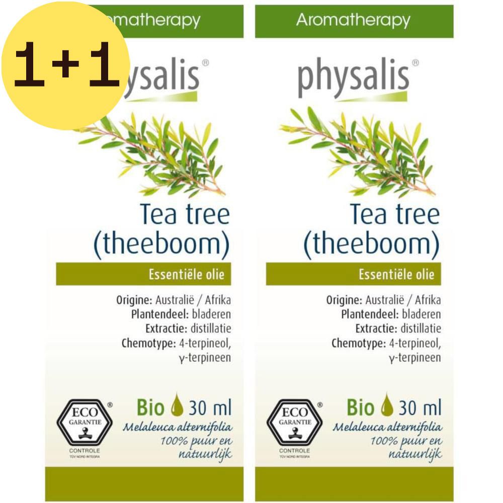 Étiquette de physalis® Huile essentielle de Tea tree. Texte: Tea tree (arbre à thé), Huile essentielle, Bio, 30 ml.
