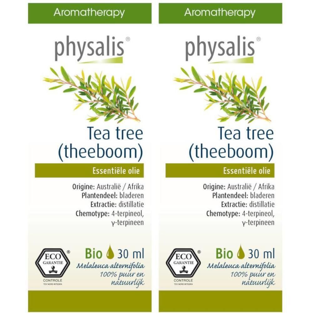 Deux étiquettes de physalis® Huile essentielle de Tea tree. Texte: Tea tree (theeboom), Essentiële olie, Bio, 30 ml.