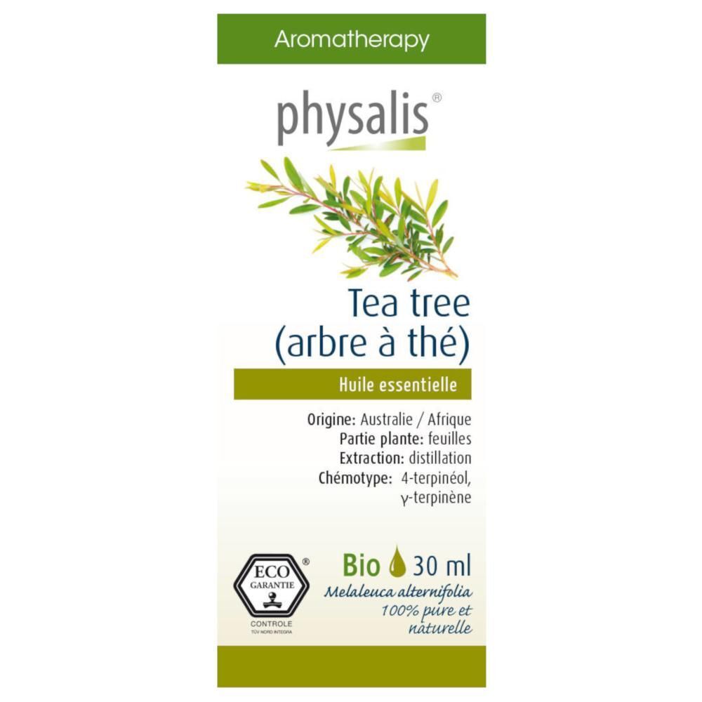 Étiquette de physalis® Huile essentielle de Tea tree. Texte: Tea tree (theeboom), Essentiële olie, Bio, 30 ml.