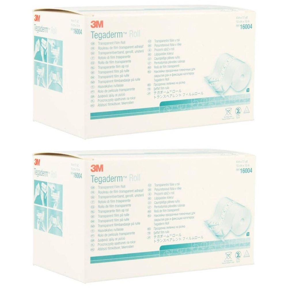 Deux boîtes blanches avec impression du produit. Inscription : 3M™ Tégaderm™ Roll. Film transparent.