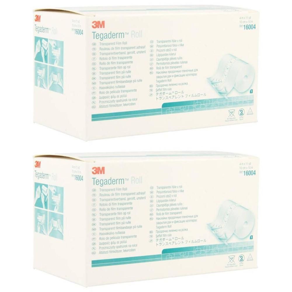 Deux boîtes blanches avec impression du produit. Inscription : 3M™ Tégaderm™ Roll. Film transparent.