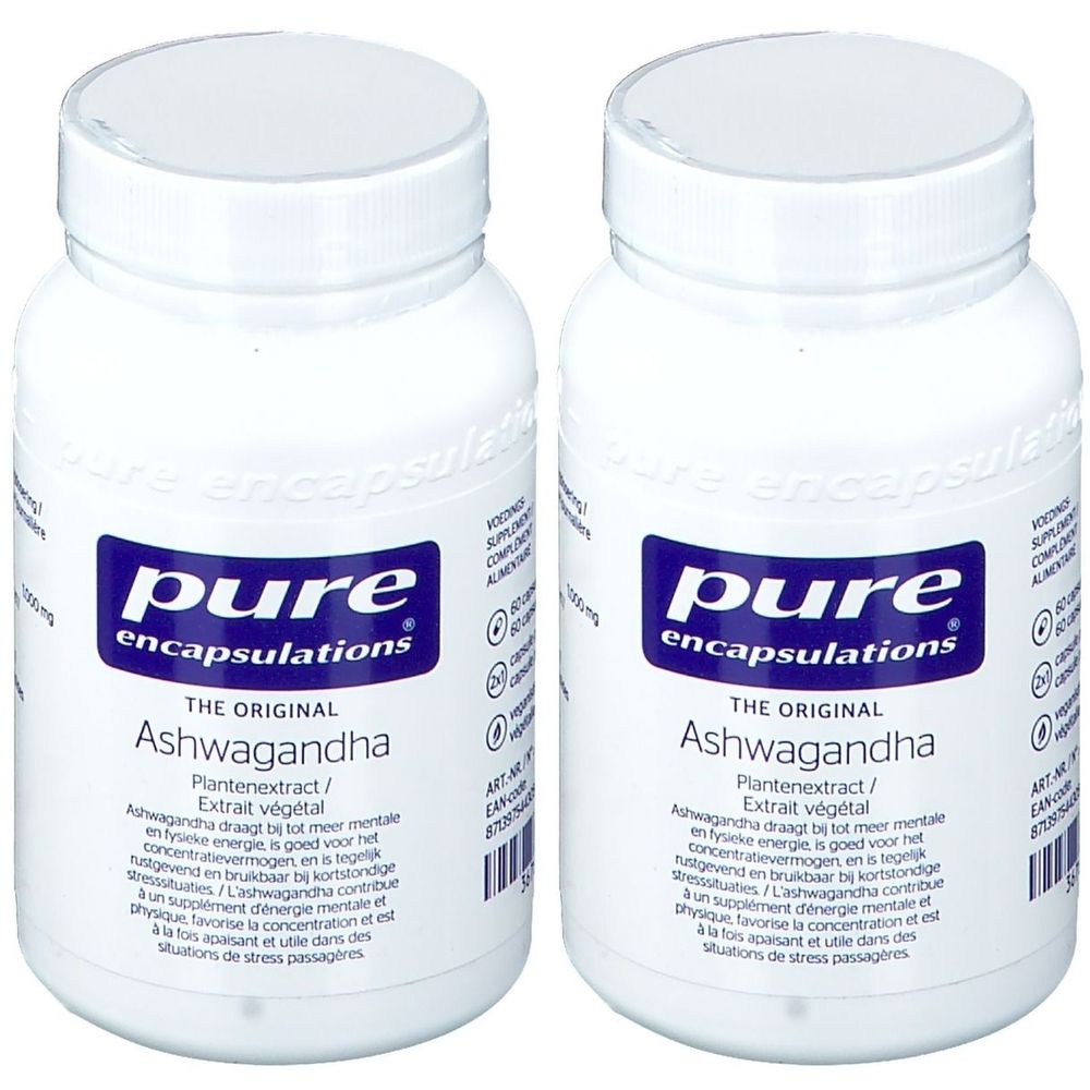 Deux flacons blancs avec une étiquette bleue. L'étiquette indique "pure encapsulations" et "Ashwagandha".