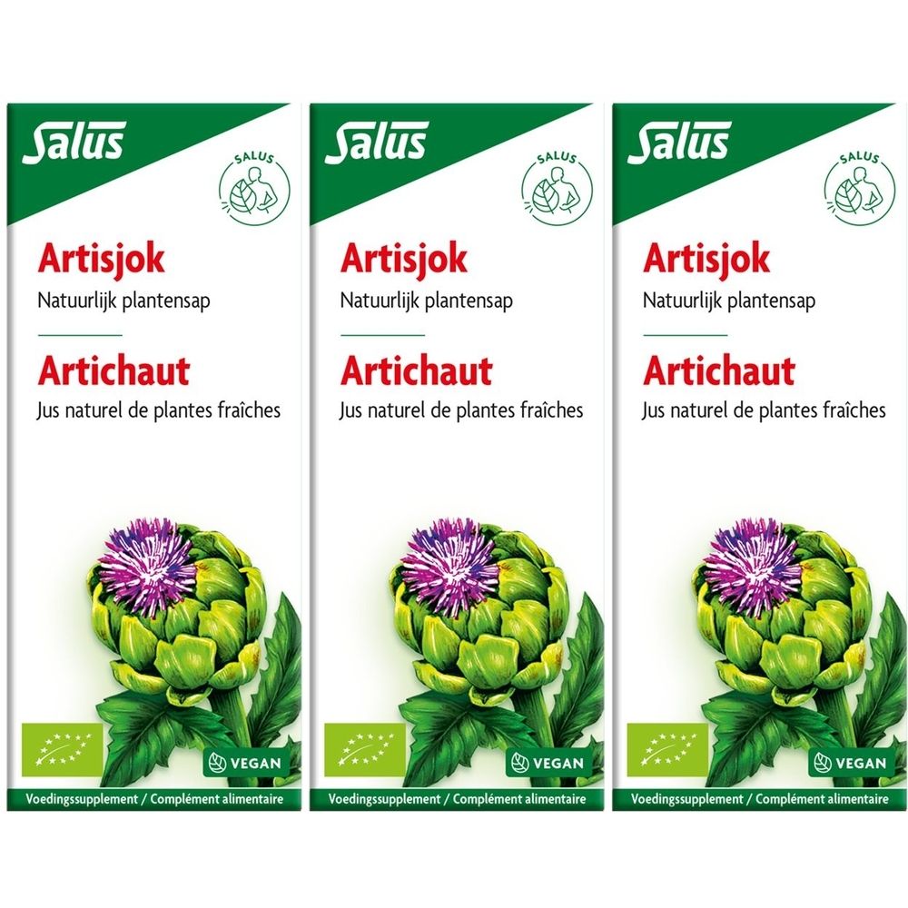 Trois boîtes avec artichaut. Inscriptions: Salus, Artisjok, Artichaut, label Vegan. Jus naturel de plantes fraîches.