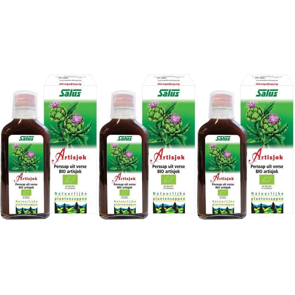 Plusieurs bouteilles de liquide brun et boîtes avec illustration d'artichaut. Label bio.