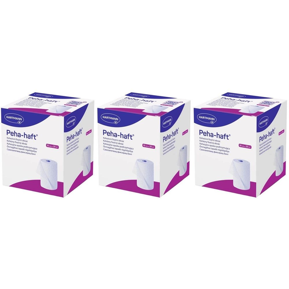 Trois boîtes de Peha-haft. Bandage blanc partiellement visible. Emballage avec logo et nom du produit.