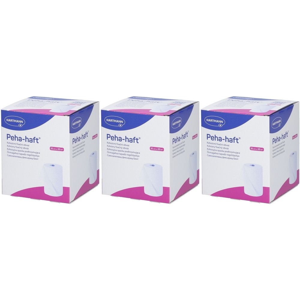 Trois boîtes de Peha-haft. Bandage blanc partiellement visible. Emballage avec logo et nom du produit.