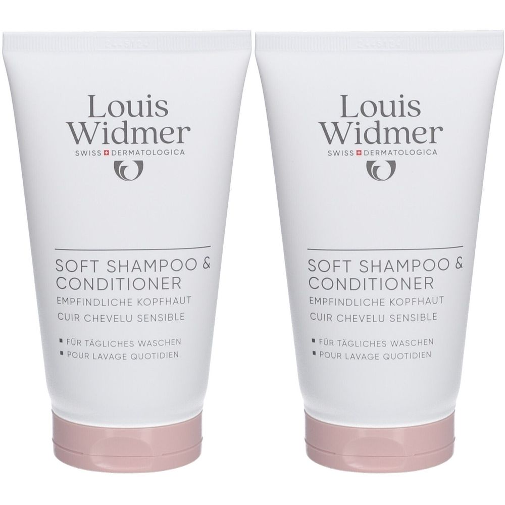 Deux tubes de shampooing et revitalisant doux Louis Widmer. Tubes blancs avec bouchon rose. Texte noir.