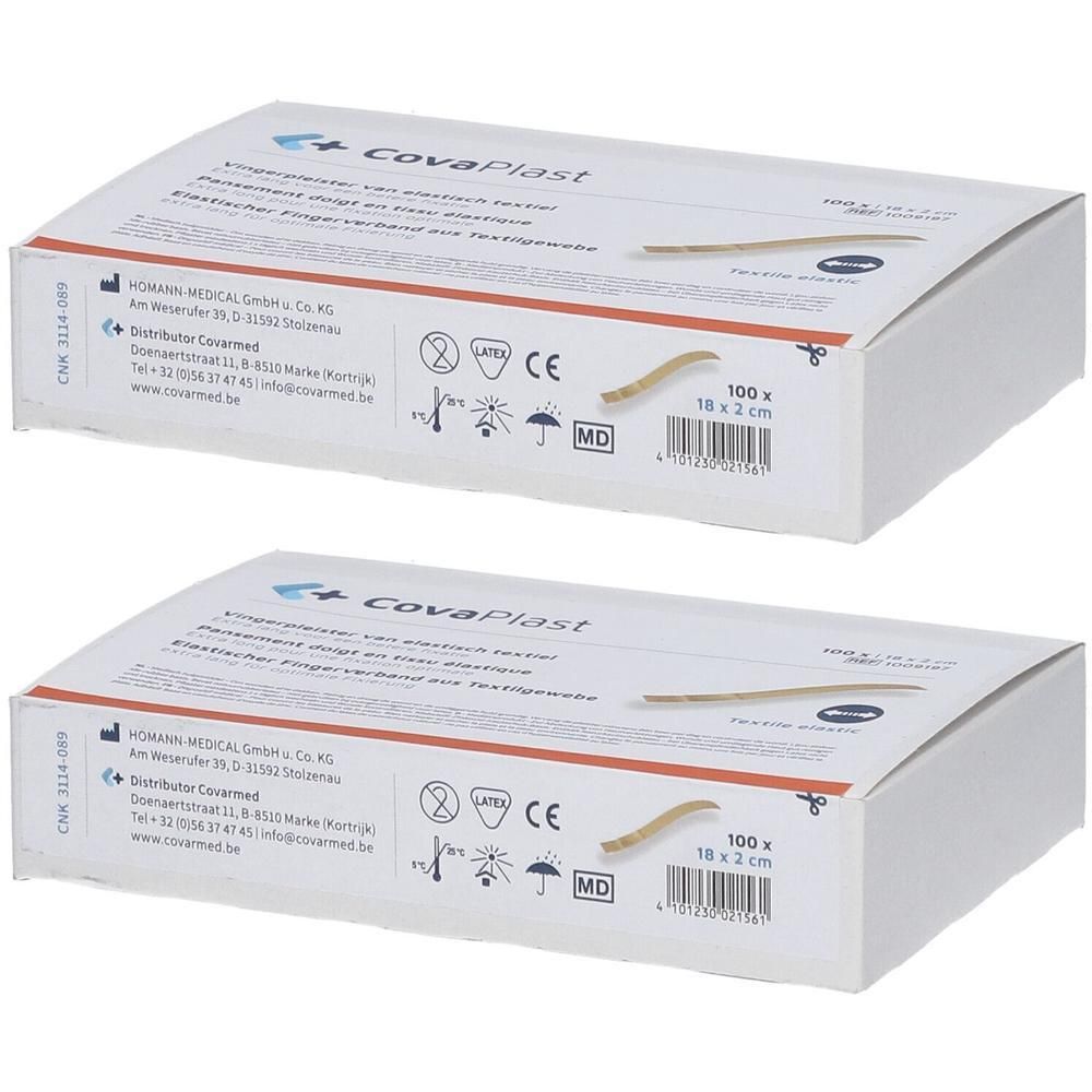 Deux boîtes blanches avec informations produit et pansement pour doigt. Inscription: CovaPlast.