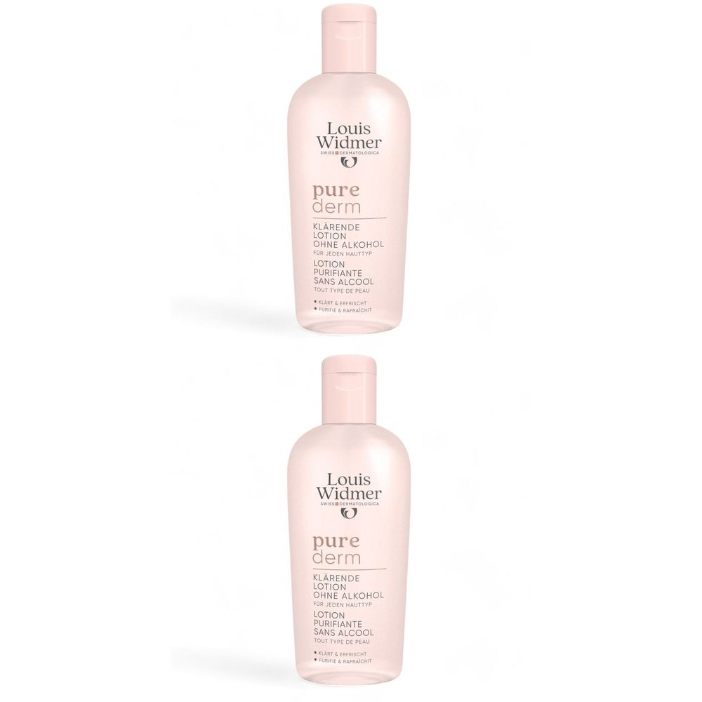 Deux flacons de lotion Louis Widmer Purederm. Flacons roses avec bouchons roses. Texte: Purederm, sans alcool.