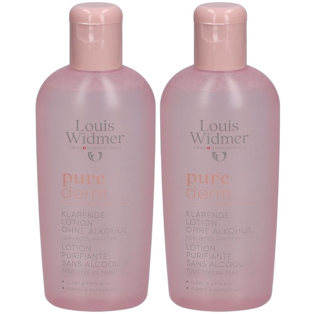 Deux flacons de lotion Louis Widmer Purederm. Flacons roses avec bouchons roses. Texte: Purederm, sans alcool.