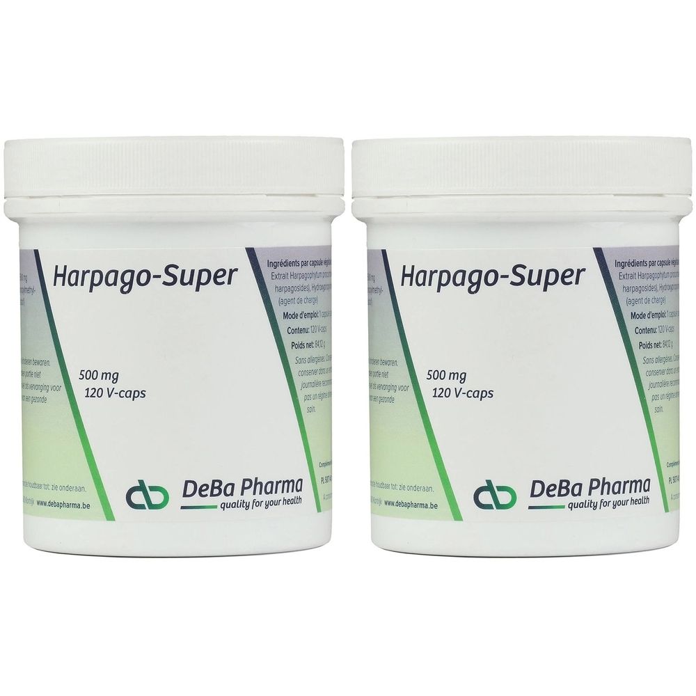 Deux pots blancs "Harpago-Super 500 mg". Logo Deba Pharma. Contient 120 V-caps.