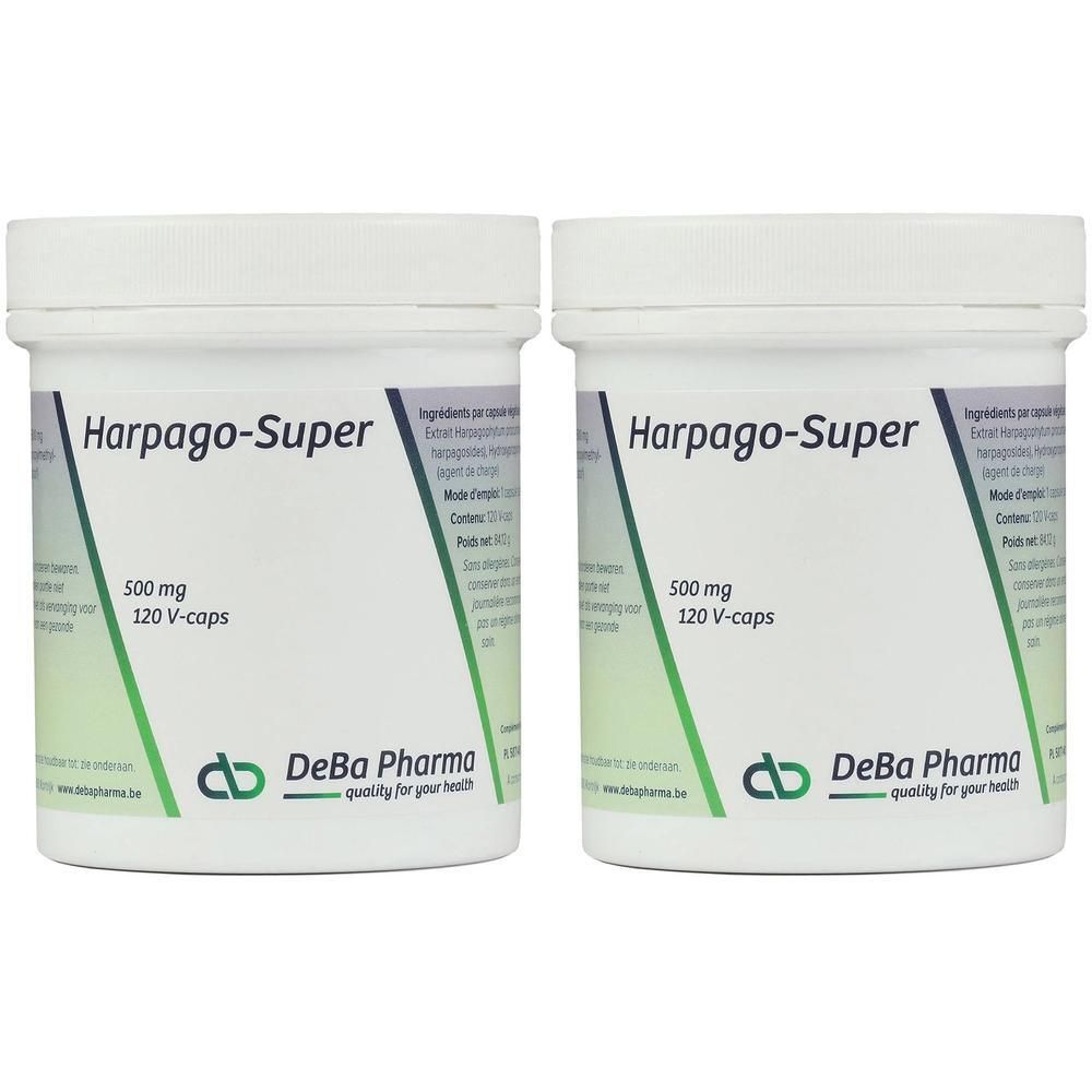 Deux pots blancs "Harpago-Super 500 mg". Logo Deba Pharma. Contient 120 V-caps.