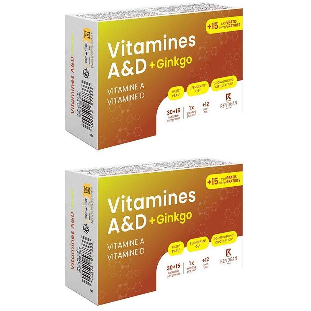 Deux boîtes de Nutritic Vitamines A & D + Ginkgo. L'emballage affiche le nom du produit, Vitamine A & D et illustration de feuille de ginkgo.