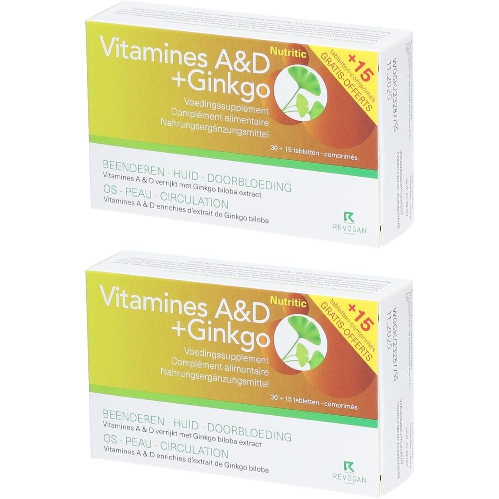 Deux boîtes de Nutritic Vitamines A & D + Ginkgo. Emballage jaune et blanc avec nom du produit et illustration de feuille de ginkgo.