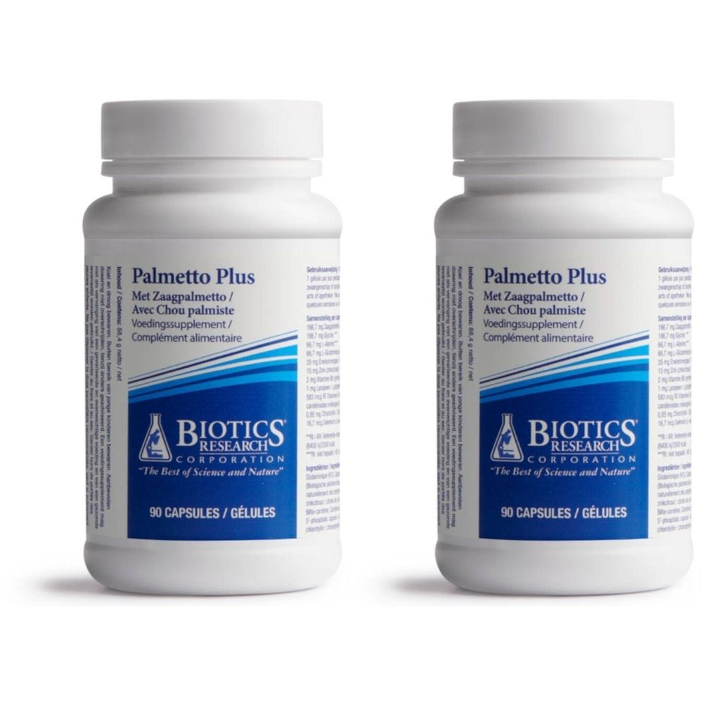 Deux flacons blancs avec étiquettes. Inscription: Palmetto Plus, Biotics Research. 90 capsules.