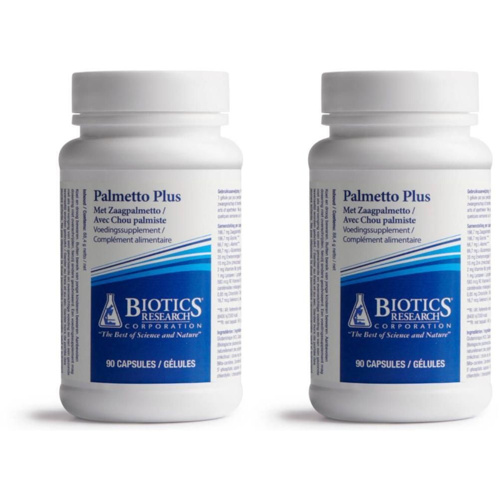 Deux flacons blancs avec étiquettes. Inscription: Palmetto Plus, Biotics Research. 90 capsules.