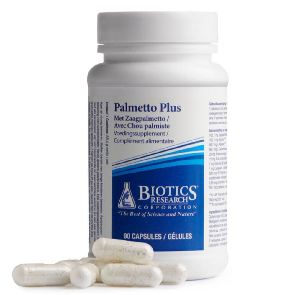 Flacon blanc avec étiquette et gélules. Inscription: Palmetto Plus, Biotics Research. 90 capsules.