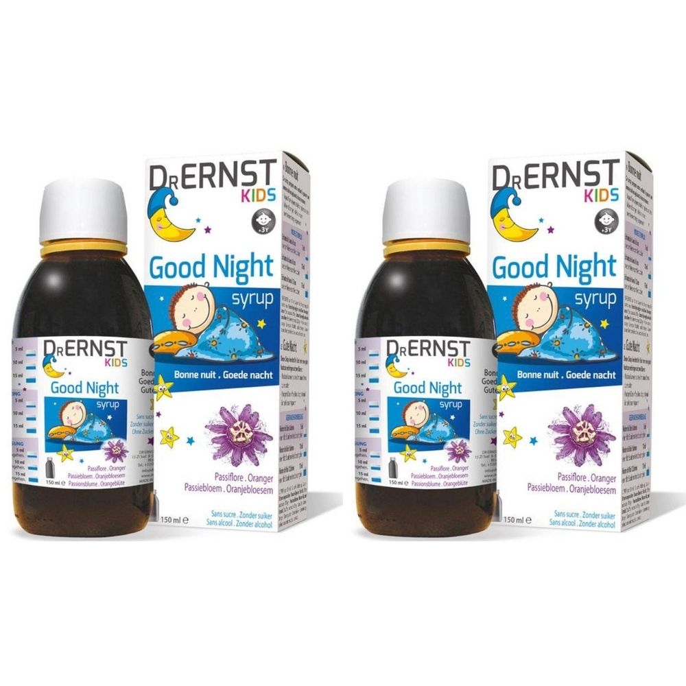 Deux flacons et emballages de sirop Dr. Ernst Kids Good Night. Flacons avec bouchon jaune, emballage avec illustration de lune.