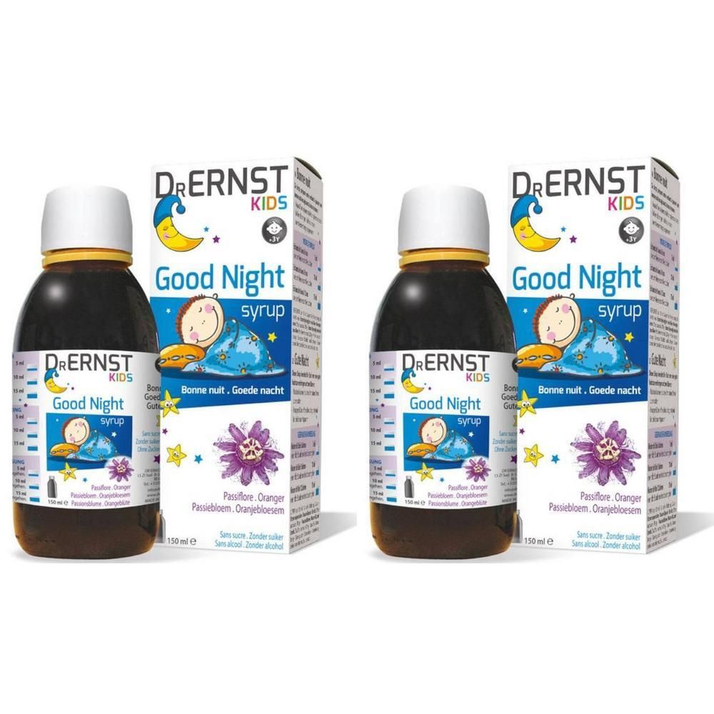 Deux flacons et emballages de sirop Dr. Ernst Kids Good Night. Flacons avec bouchon jaune, emballage avec illustration de lune.
