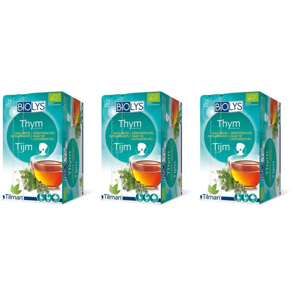 Trois boîtes de BIOLYS Thym. Chaque boîte présente du thé au thym, 24 sachets. Certification biologique.