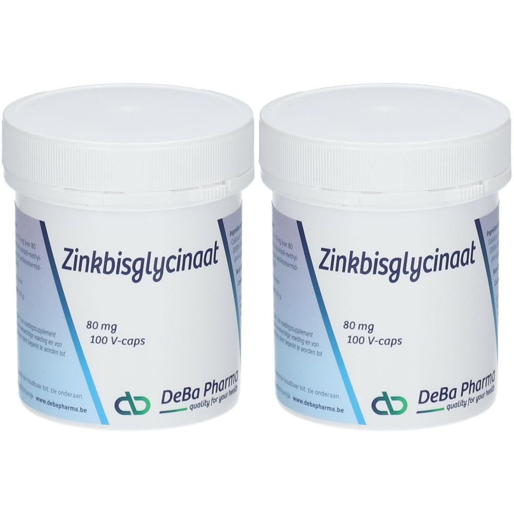 Deux pots blancs avec l'inscription Zinkbisglycinat, 80 mg, 100 V-caps. Logo DeBa Pharma.