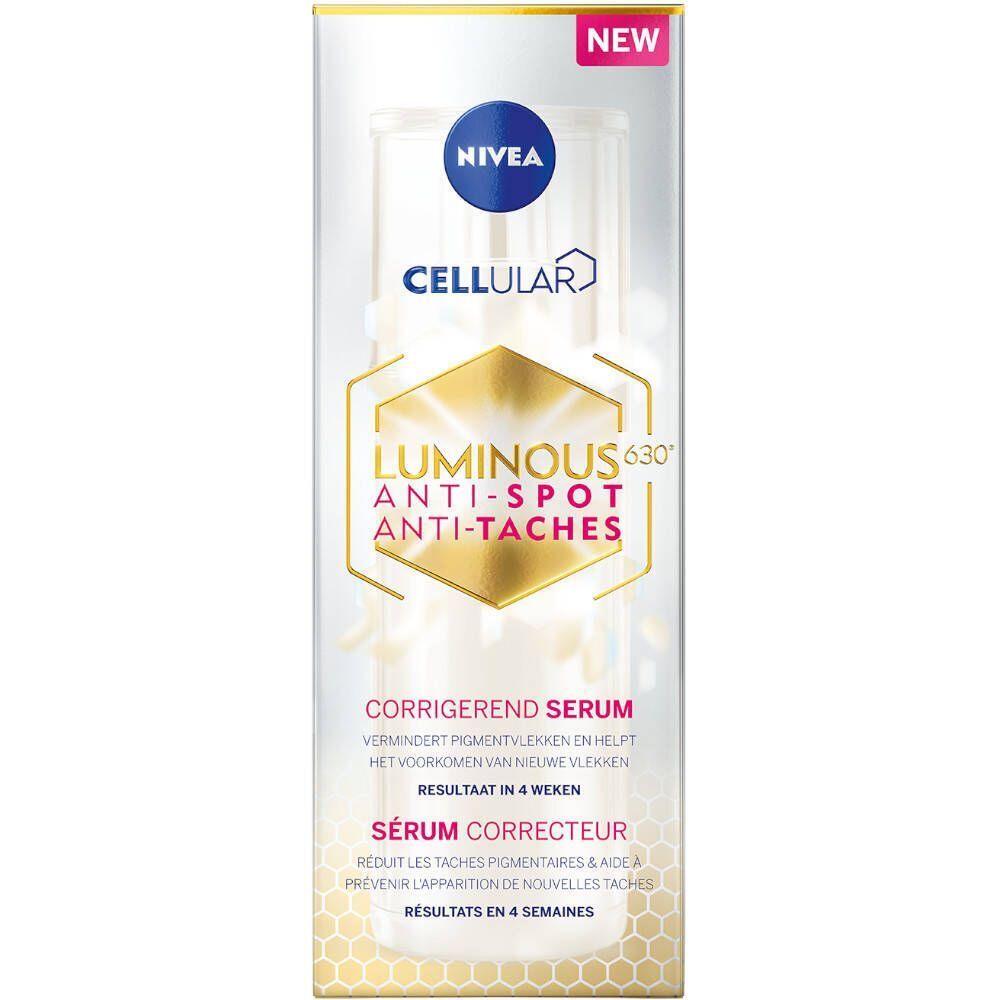 Emballage avec flacon de sérum. Inscription: NIVEA CELLular Luminous 630® Anti-Spot. Avec texte en allemand, français et néerlandais.