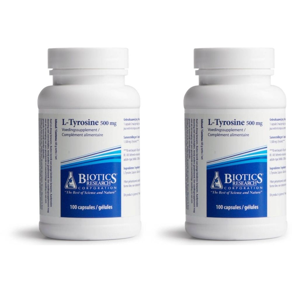 Deux flacons blancs avec bouchons à vis. Inscription : L-Tyrosine 500 mg, Biotics Research Corporation. Contient 100 gélules.