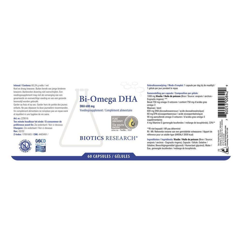 Arrière d'un flacon de Bi-Omega DHA avec informations nutritionnelles et certifications.