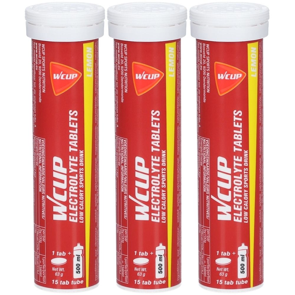 Trois tubes rouges avec couvercles blancs. Inscription: WCUP Electrolyte Tablets. Étiquette jaune avec indication citron. 15 comprimés.