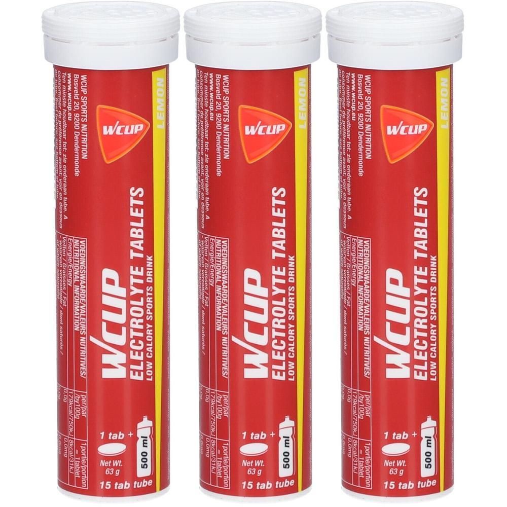 Trois tubes rouges avec couvercles blancs. Inscription: WCUP Electrolyte Tablets. Bande jaune avec "Lemon".