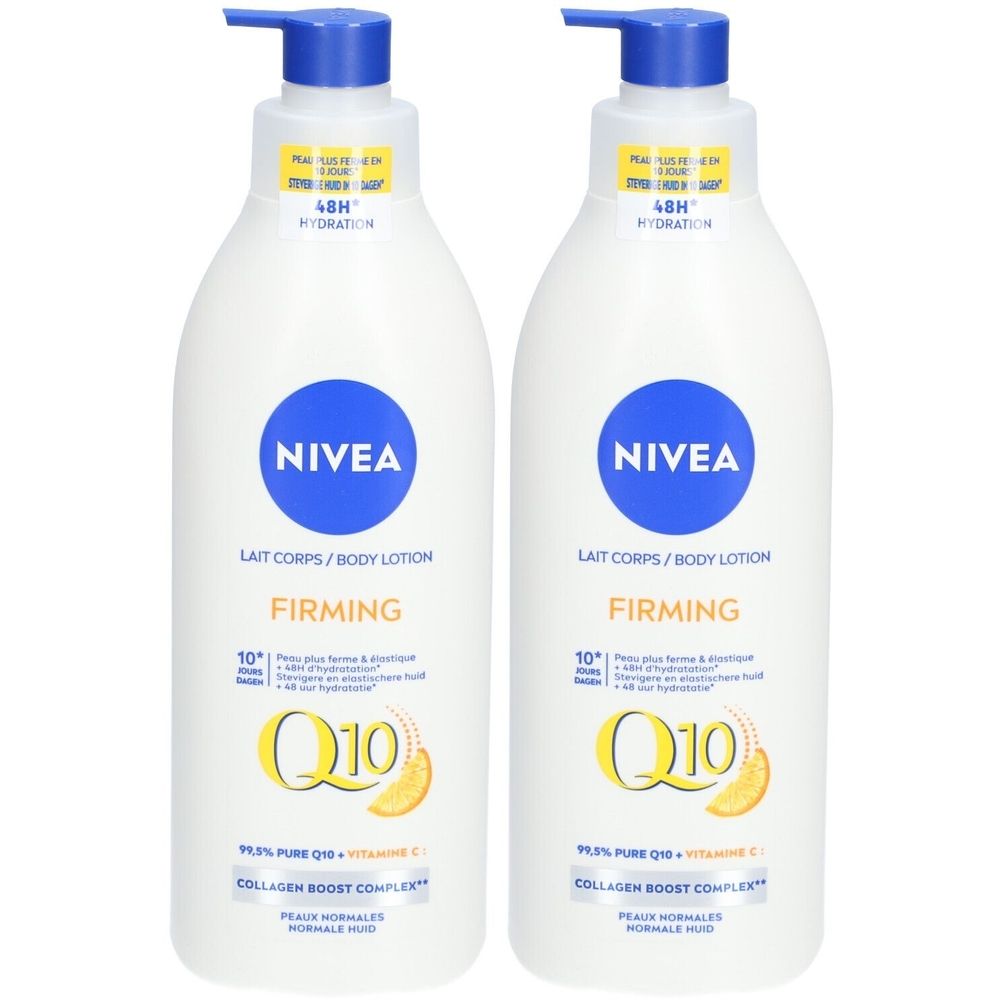 Deux flacons blancs avec pompe bleue. Inscription NIVEA, Lait Corps/Body Lotion, Firming, Q10.