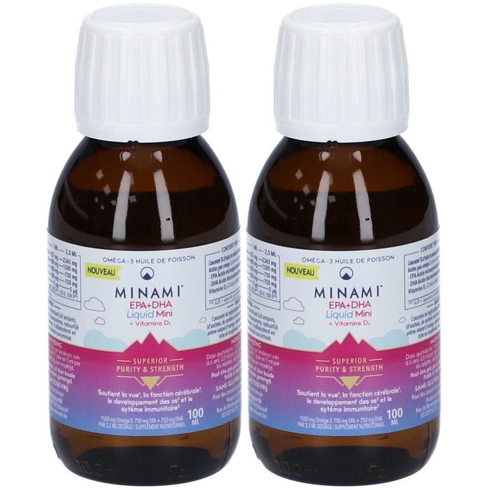 Deux flacons de Nestle MIINAMI® EPA + DHA Liquid Mini. Bouteilles en verre brun avec bouchon blanc. Étiquette avec informations.