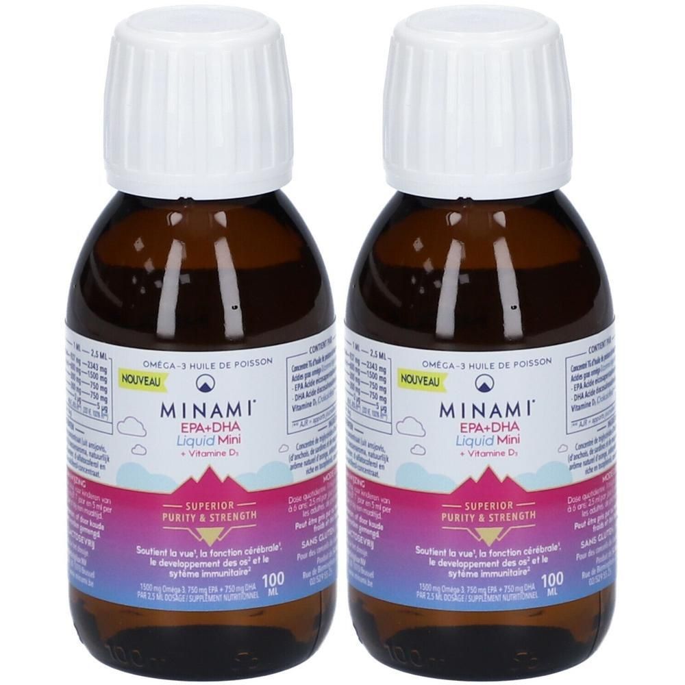 Deux flacons de Nestle MIINAMI® EPA + DHA Liquid Mini. Bouteilles en verre brun avec bouchon blanc. Étiquette avec informations.