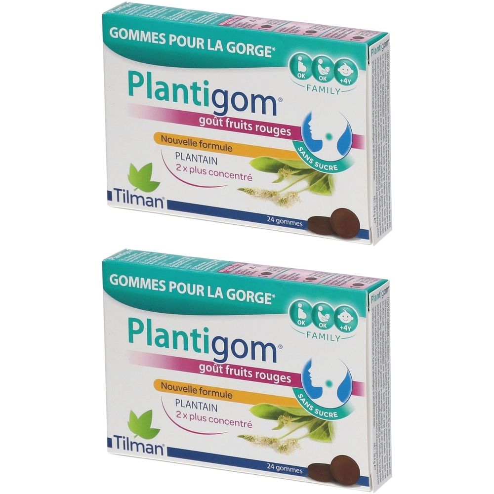 Deux boîtes de Plantigom. Inscription: Gout fruits rouges, Nouvelle formule, Plantain. Marque: Tilman. Contient 24 gommes.